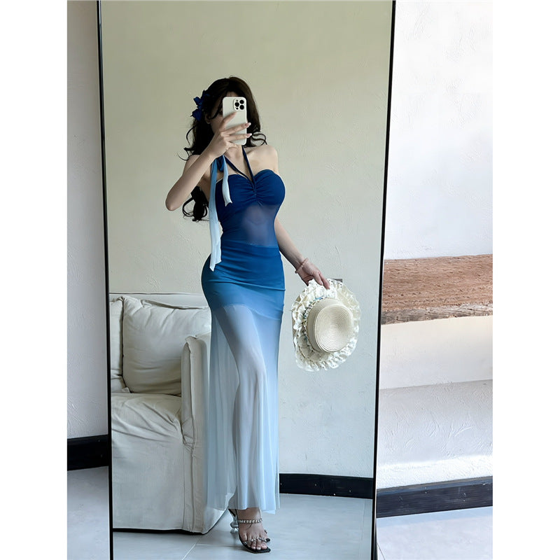 Sexy Mesh Tie-Dye Gradient Slim Fit Fishtail Tube Top Dress