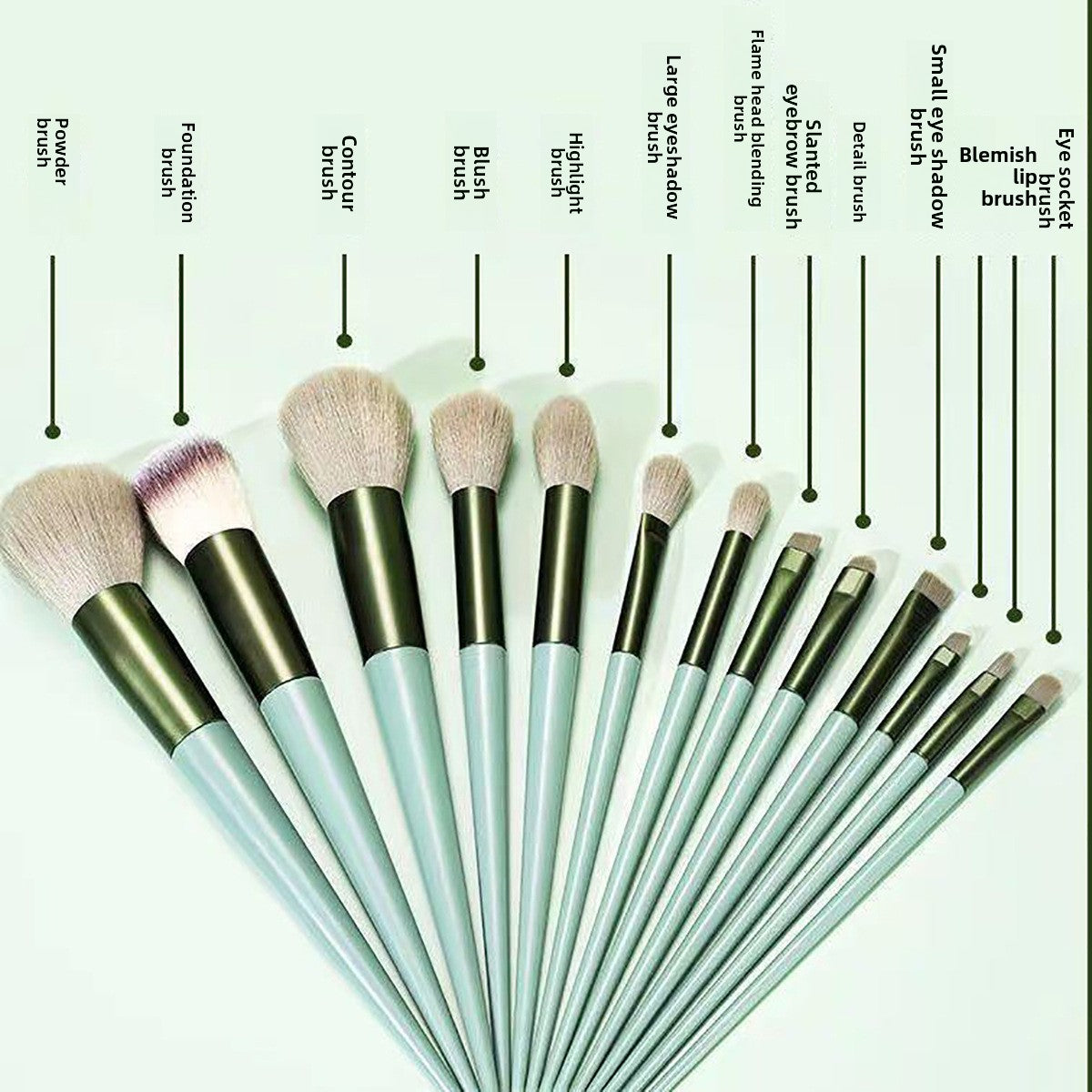 A set of thirteen makeup brushes