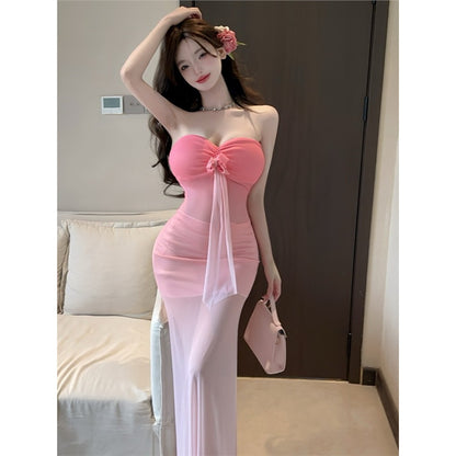 Sexy Mesh Tie-Dye Gradient Slim Fit Fishtail Tube Top Dress