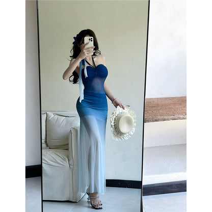 Sexy Mesh Tie-Dye Gradient Slim Fit Fishtail Tube Top Dress